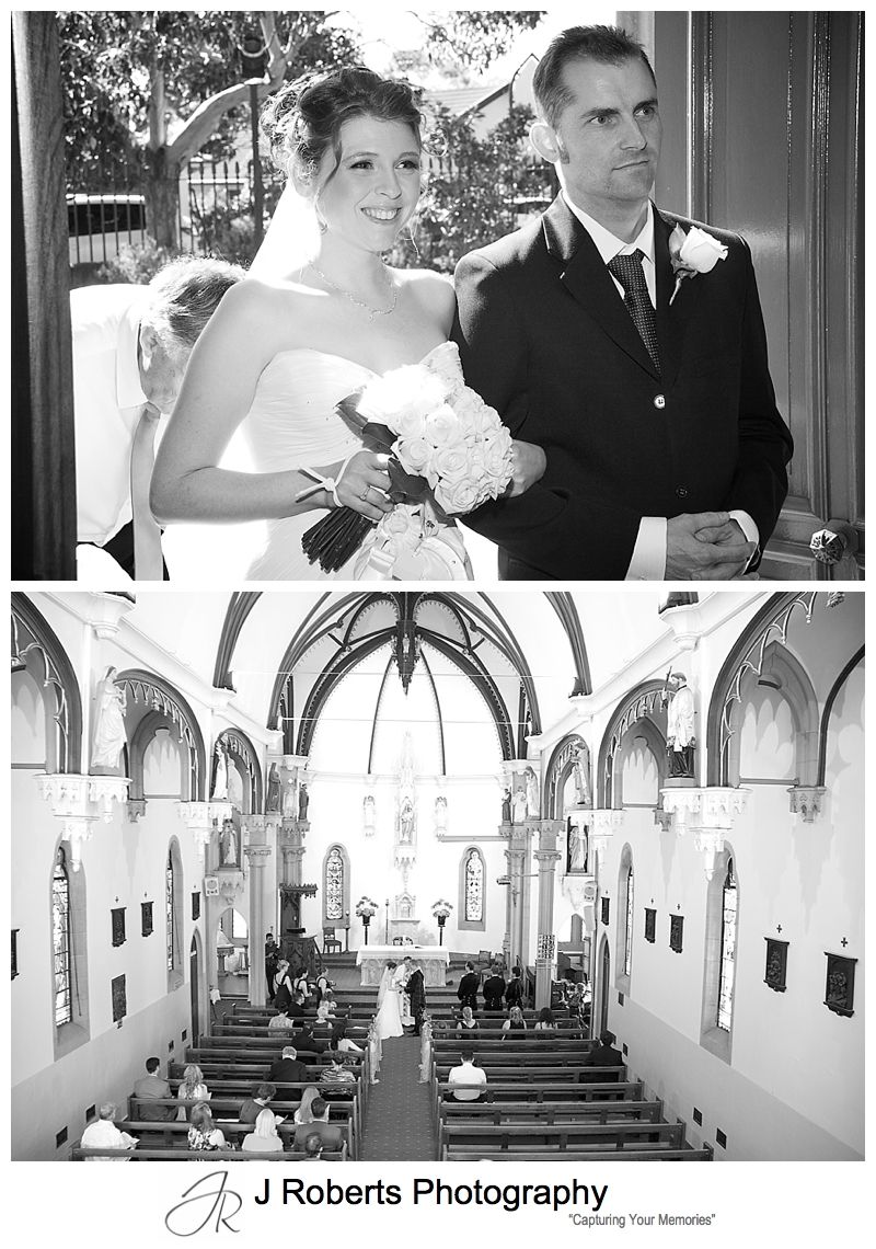 B&W portrait of bride walking down the aisle at Holy Name of Mary Hunters Hill - sydney wedding photographer 